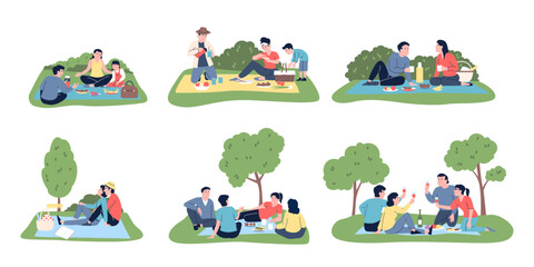 Picnic on nature. Family, friends and couple eating and drinking in citi park or forest meadow. Seasonal outdoor resting, recreation recent vector scenes