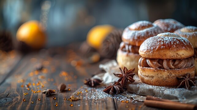   A stack of cinnamon buns on a wooden table Nearby, an orange and an anise star