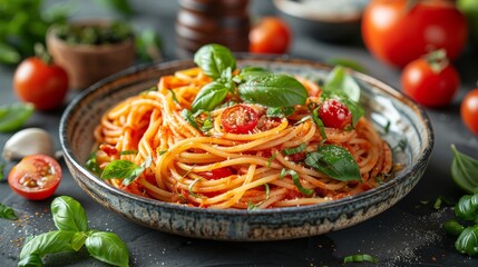   A tight shot of a bowl filled with spaghetti, topped with tomatoes and basil Surrounding elements include additional tomatoes and basil on the table