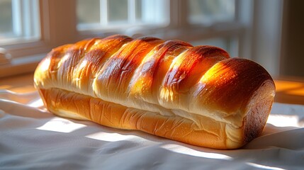   A long loaf of bread on a white wax paper sheet, situated on a windowsill - obrazy, fototapety, plakaty
