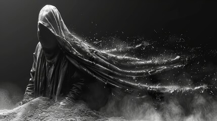  Woman in veil atop sand mound, water splashes