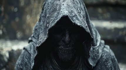   A tight shot of a figure in a hooded jacket, knife hovering near his masked face, beaded with water droplets
