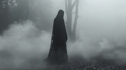   A ghostly woman, shrouded in fog, stands in the black-and-white photograph Trees and bushes loom in the foreground - obrazy, fototapety, plakaty