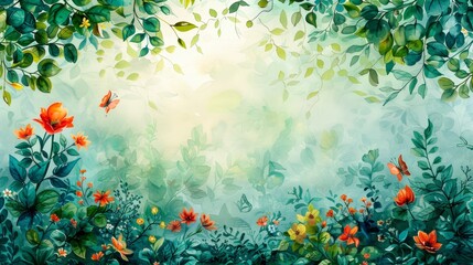  A painting of vibrant flowers and leaves against a tranquil blue backdrop; a butterfly gracefully flies above, hovering over the blooms in the foreground