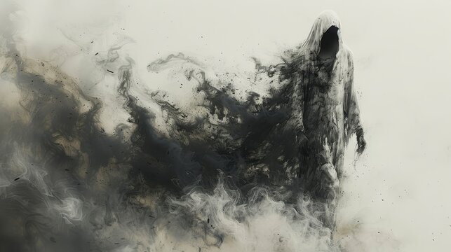   A monochrome depiction of a towering structure, its chimneys releasing plumes of smoke
