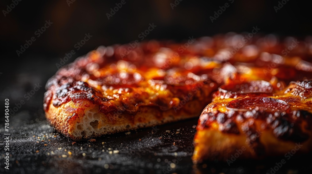 Canvas Prints   A tight shot of a pepperoni pizza on a table, with one slice removed, revealing the remaining pie and its background