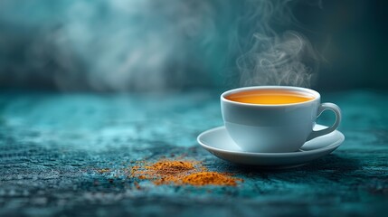   A cup of tea atop a saucer, nearby lies a mound of powdered orange peels - obrazy, fototapety, plakaty