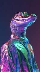 Produce a surreal 3D portrait with a Nike or Adidas Sun Protective Shirt-clad Crocodile Head & Human Body, mixing Green/Lilac & Blue/Pink color palette with strong metallic reflection Infuse NFT feel