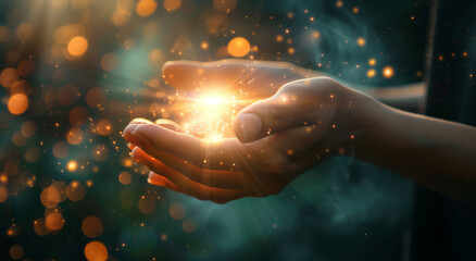 Hands, stars and holographic person of hope for support, prayer and care with cosmos for universe. Futuristic, hologram and palm with 3d glow of light, bokeh and spiritual energy or community