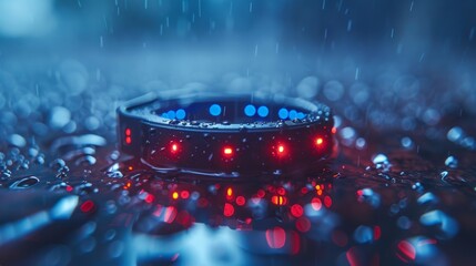   A tight shot of a red and blue ring on a damp surface, adorned with water droplets at its base - obrazy, fototapety, plakaty