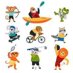Cartoon athletic animals. Sport animal with equipment and tools. Football, basketball and running. Fitness pilates training, classy vector set