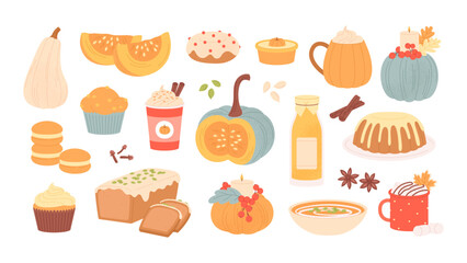 Pumpkin spice season. Flavored drinks, food and desserts. Seasonal sweet pies and coffee latte. Isolated autumn harvest racy vector collection