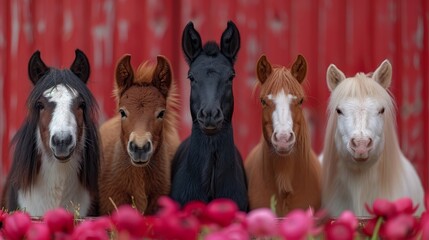   Four horses stand together in front of a red fence Pink flowers dot the foreground