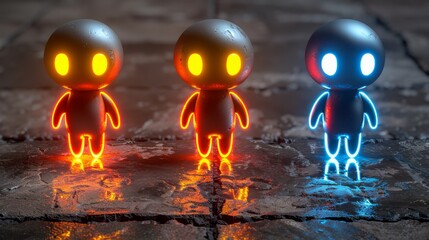   Three toy figurines, all featuring glowing eyes and bodies, stand together on a wet surface - obrazy, fototapety, plakaty