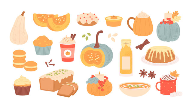 Pumpkin spice season. Flavored drinks, food and desserts. Seasonal sweet pies and coffee latte. Isolated autumn harvest racy vector collection