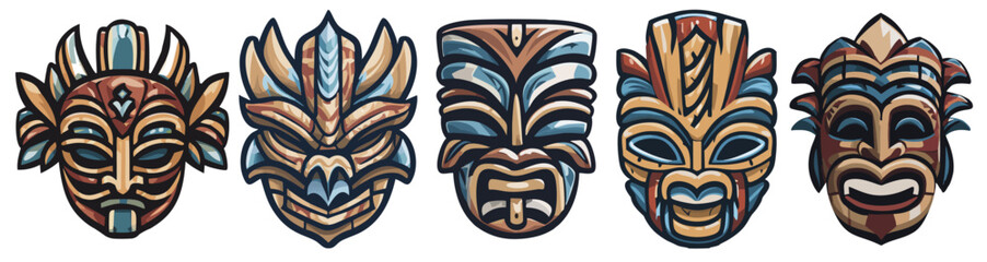 Exotic set of hand-drawn vibrant tiki mask illustration, depicting traditional polynesian tribal culture and folklore in a vector artwork design for ceremonial decoration and tourism purposes