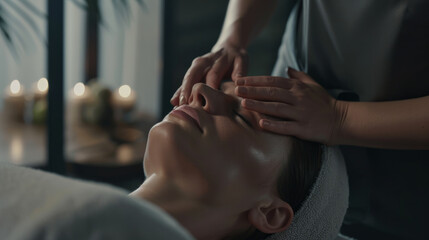 Young Woman Indulging in Relaxing Facial Massage at the Spa.