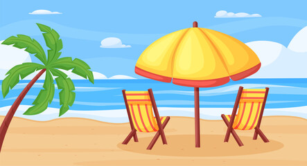 Beach deck chairs and sun protect umbrella on ocean coast. Recreation and seasonal summer rest. Tropical exotic resort, palm tree, nowaday vector scene