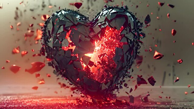 heart shattering into pieces with a glowing core, symbolizing heartbreak or passion