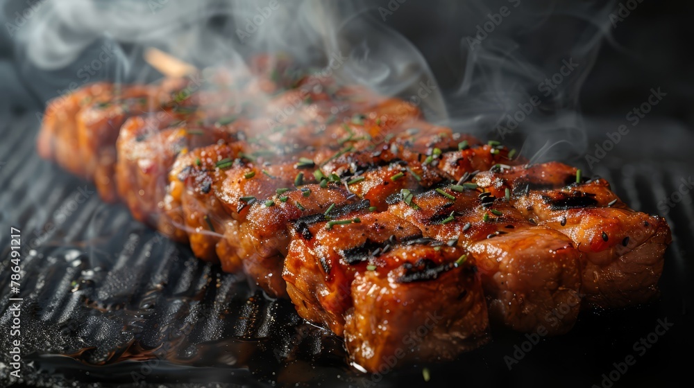 Poster   A tight shot of sizzling meat above a smoky grill, with plumes of steam rising from its surface