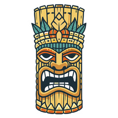 Obraz premium Detailed vector illustration of vibrant tiki mask, showcasing traditional polynesian wood carving art, tribal culture, and exotic island motifs