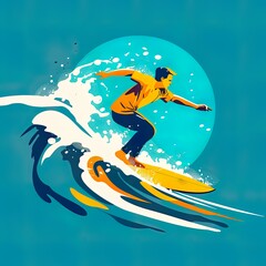 Fototapeta premium Capturing the essence of surfing, this illustration shows a surfer expertly navigating a towering wave against the backdrop of a captivating sunset..