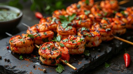  shrimp skewers and dipping sauce in bowled adjacent - obrazy, fototapety, plakaty