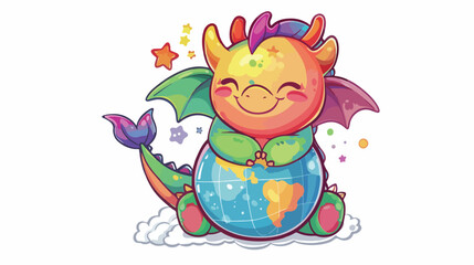 The rainbow dragon hugs the planet with its paws.