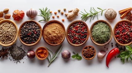   A collection of bowls, each holding various spices and seasonings, arranged next to one another on a pristine white surface