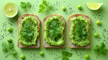   Three slices of bread, each generously topped with avocado spread, garnished with parsley, atop a verdant surface