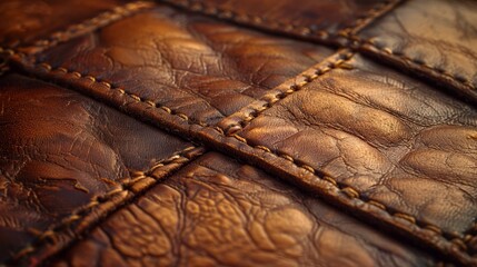   A tight shot of brown leather, showcasing inside stitching and exterior stitching - obrazy, fototapety, plakaty