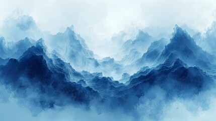   A blue-and-white painting of mountain ranges, clouds in the foreground, and a blue sky in the background