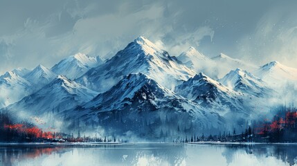   A snowy mountain range painted with a foreground lake and forest