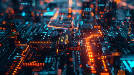 Vibrant Futuristic Circuit Board with Glowing Blue and Orange Lights for Tech Concepts