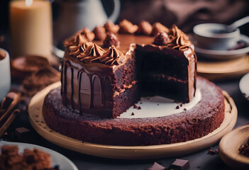 A decadent chocolate cake with a slice removed, showcasing its moist texture and rich chocolate...