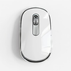 A white mouse on a surface with a black button.