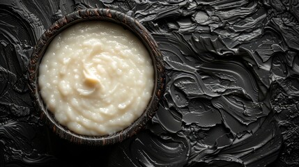   A bowl of mashed potatoes atop a black surface, featuring a white marble or spoons scoop in its center - obrazy, fototapety, plakaty