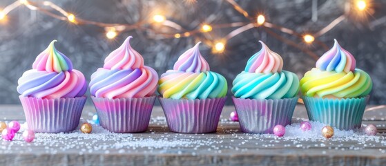   A row of colorful cupcakes sits atop a weathered wooden table, adjacent to a twinkling string of Christmas lights - obrazy, fototapety, plakaty