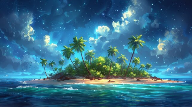   A painting of a tropical island, centered in the vast ocean, adorned with palm trees