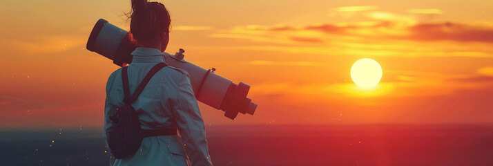 overhead view of Silhouette of a person against a sunset, holding a telescope, science and technology in action, realistic photography, copy space