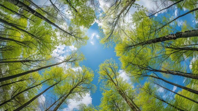 Low angle view of trees canopy in forest green leaves. Generate AI image