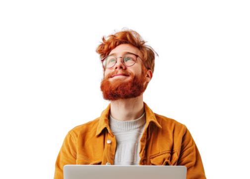 Pensive Redhead Man with Laptop - Powered by Adobe