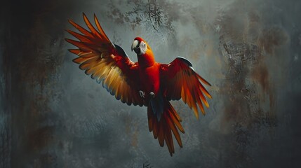 Majestic Red Parrot in Vibrant Tropical Scene Soaring Through the Sky