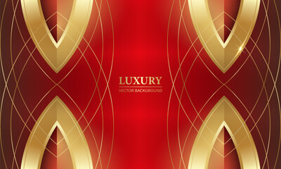 3D golden shapes and lines on abstract red background. Elegant luxury vector illustration for award ceremony, holliday invitation, celebrating, vip card, flyer or brochure
