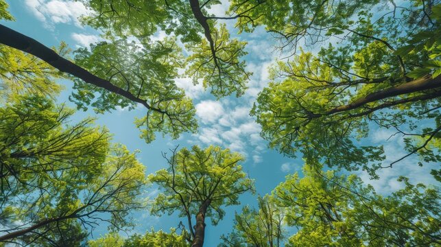 Low angle view of trees canopy in forest green leaves. Generate AI image
