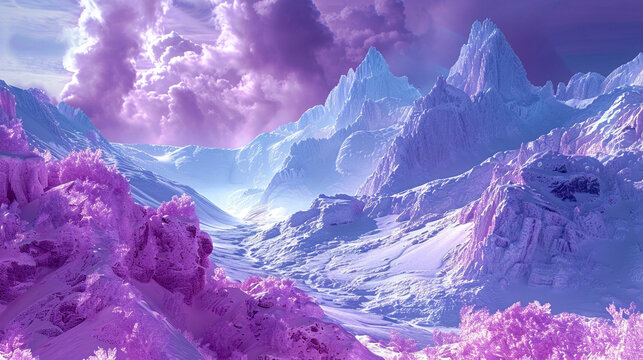 A beautiful painting of a mountain landscape with a purple sky and pink snow