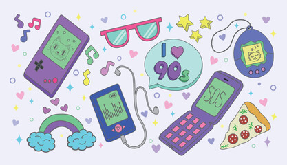 A vector set of retro elements depicting a player, game console, hearts, phone, tamagotchi, rainbow and other objects in the colorful style of the 80s and 90s. Vector illustration for advertising