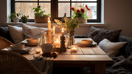 Candles and textiles create coziness in a Scandinavian dining room