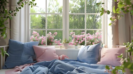 Room with a large panoramic window in light colors in the morning. Luminous Mornings Light-Filled Room with Panoramic View