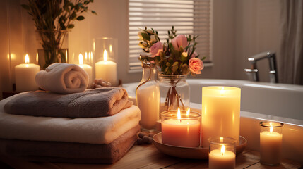 Bathroom with aromatic candles and soft towels. In the style of hygge